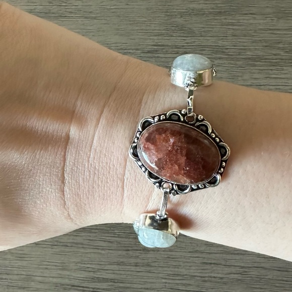 1058 Red Aventurine Rainbow Moonstone Bracelet Silver Statement Jewelry - Picture 9 of 10